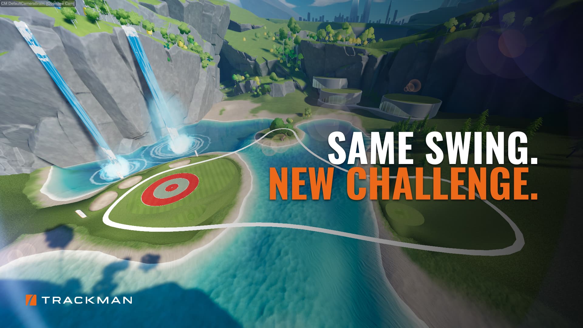 Shufflegolf i challenge-modus: målsone på en øy ved fossefall