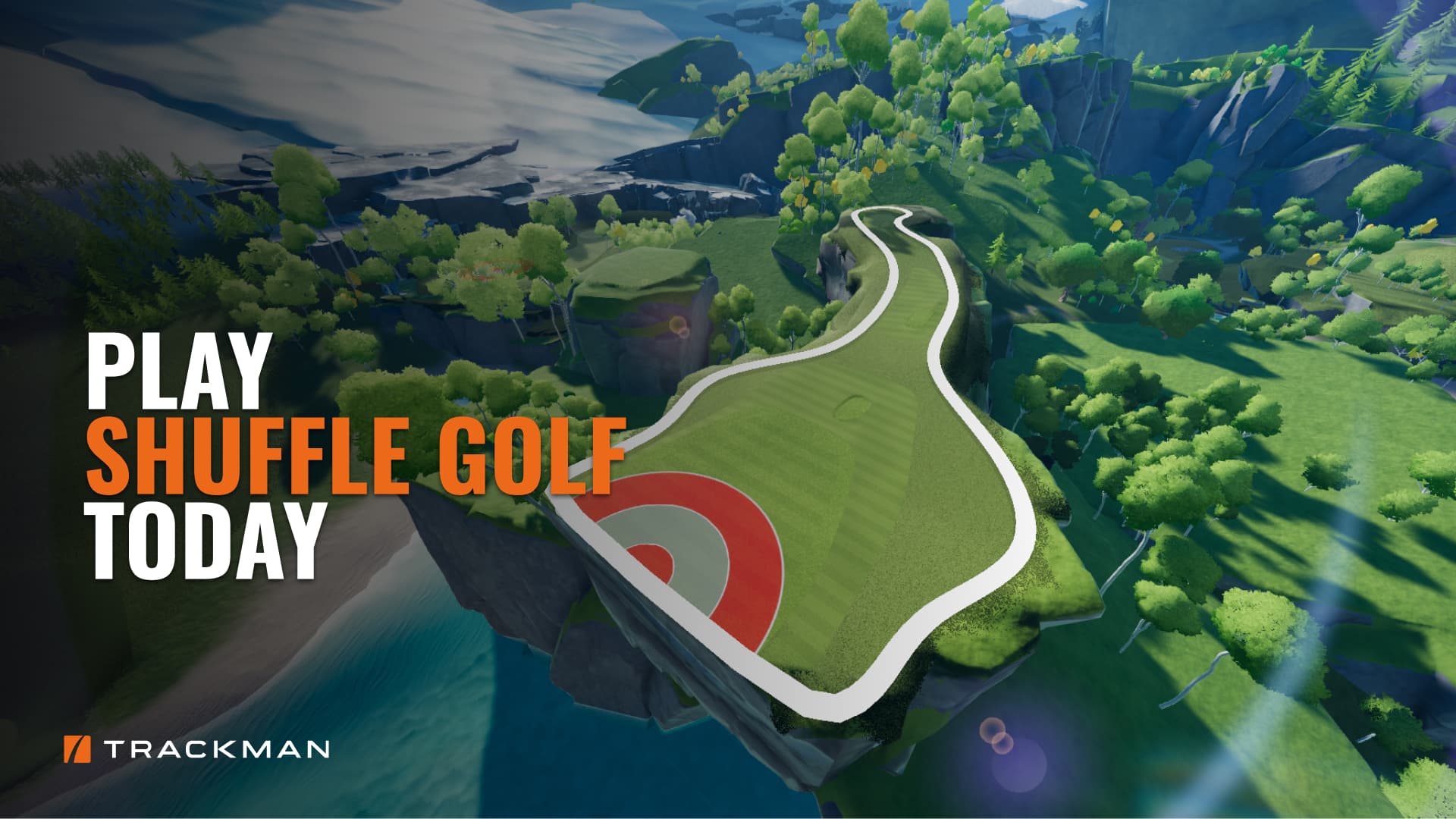 Shufflegolf på TrackMan-simulator: en bane med målsoner mellom skog og vann